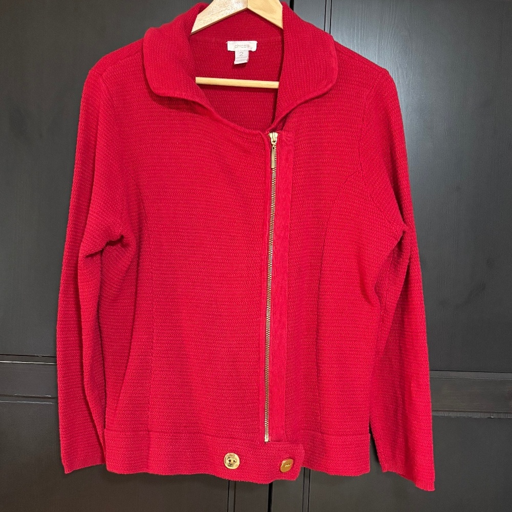 Chicos Long Sleeve Full Zip Collared Knit Sweater, Size 12